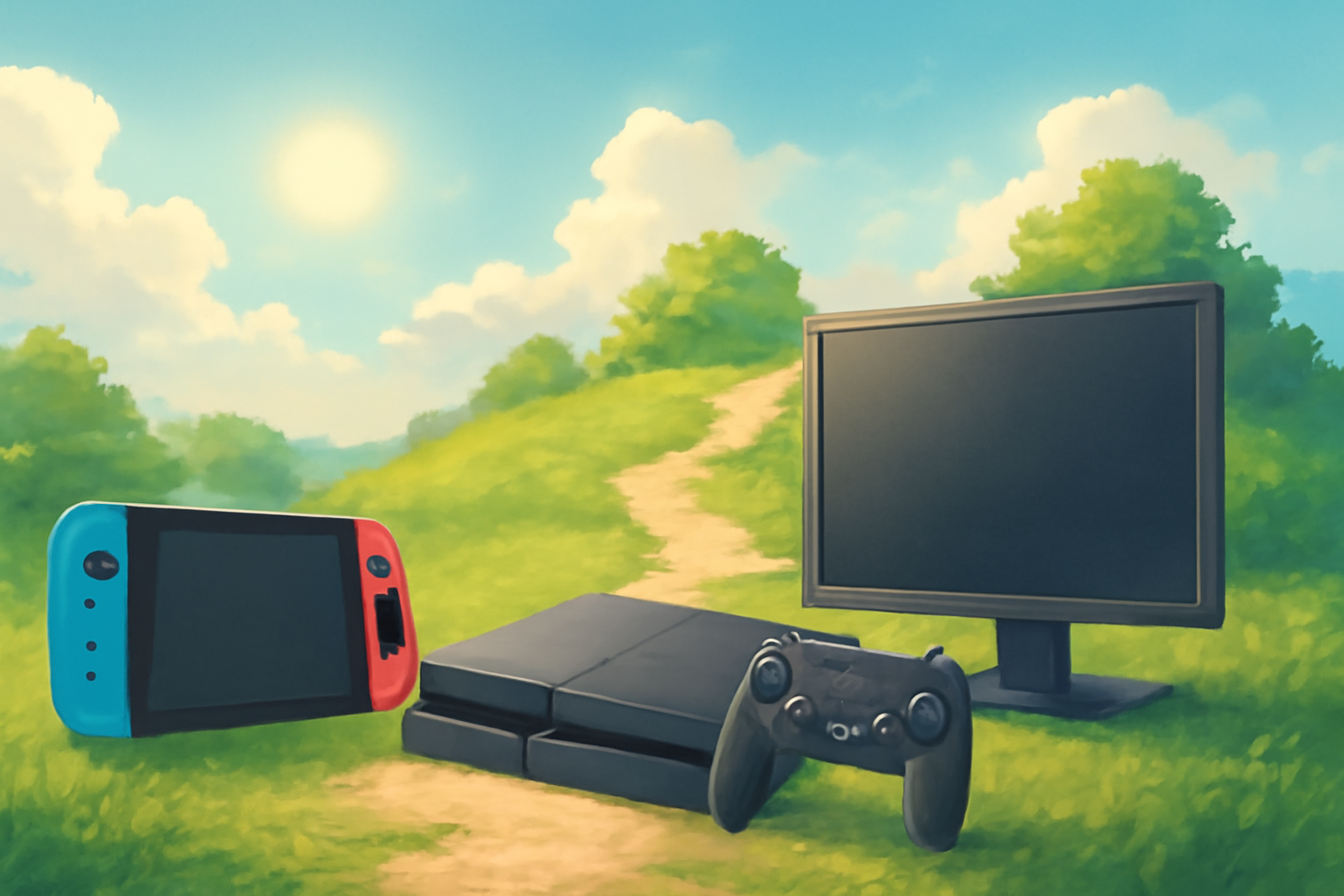 CLANNADの現行機であるSwitchやPS4、PC画面などを比較・象徴するイメージ画像