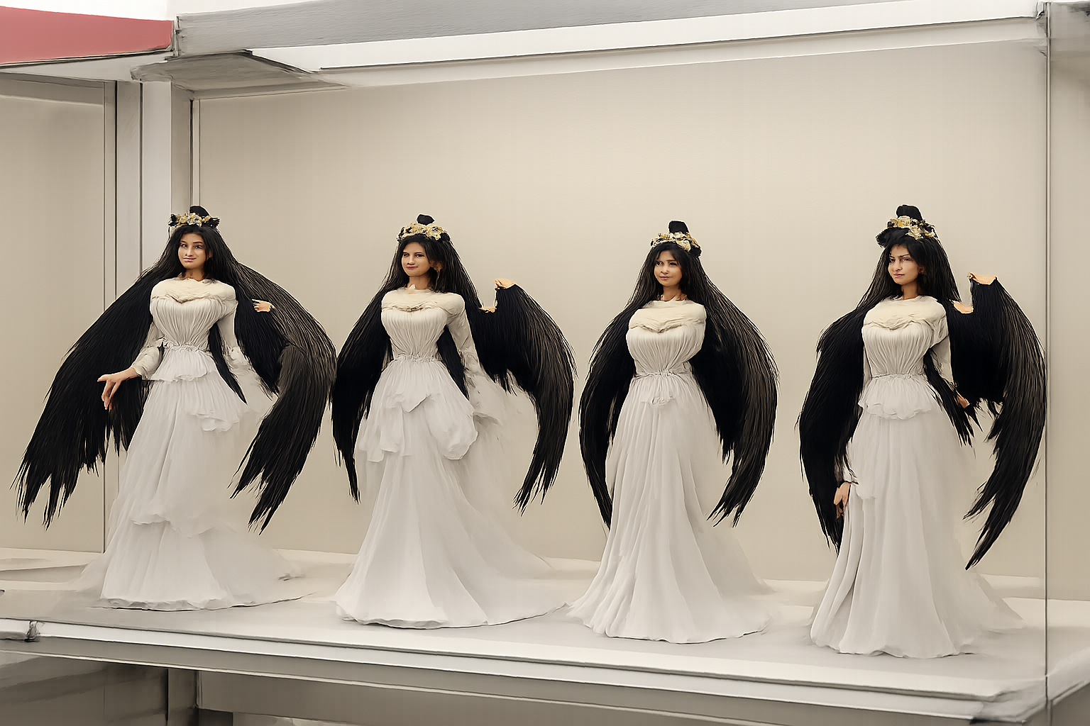 ゲームセンターのクレーンゲーム筐体内にディスプレイされた、様々なブランドのアルベドのプライズフィギュア群