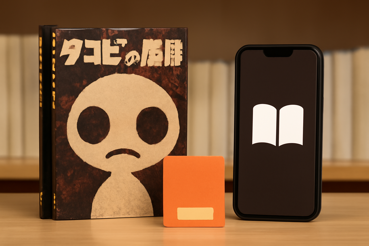 実店舗の書棚や中古ショップの値札、スマートフォンでの電子書籍ストアのアイコンを並べたイメージ