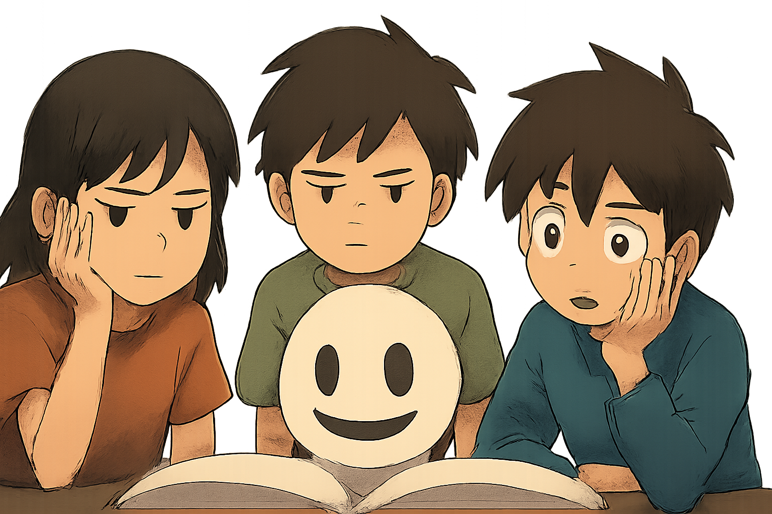 タコピーのハッピー道具と、複雑な表情を浮かべる子供たちの姿を描いたイメージ画像