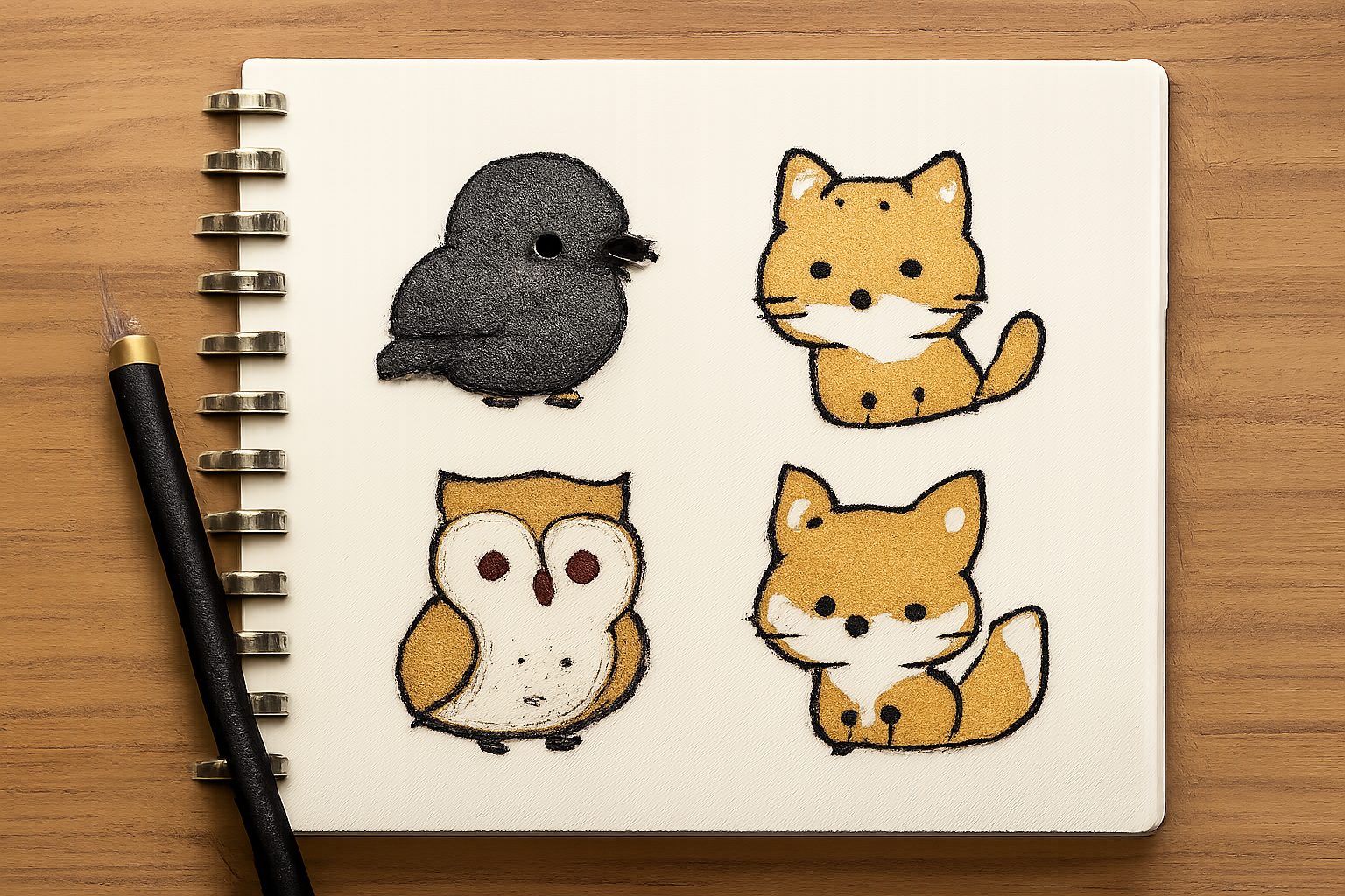 ノートとペン、そして完成した2.5頭身程度の可愛いちびキャライラストが描かれたスケッチブック