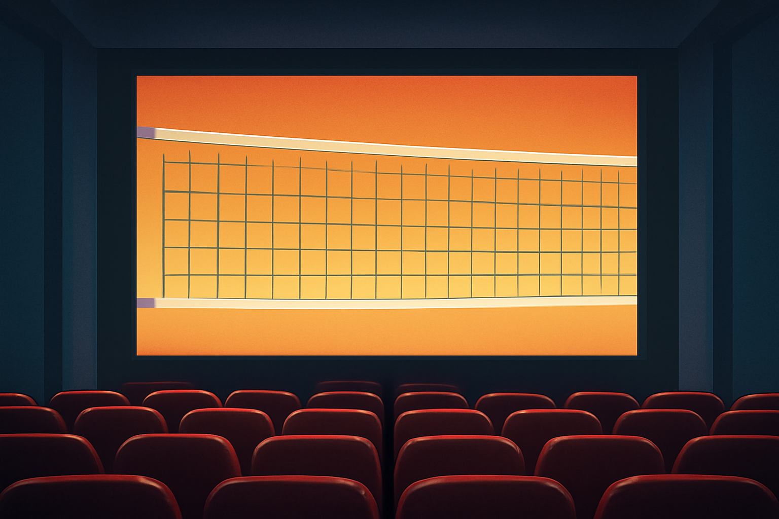 映画館のスクリーンと観客席、そしてバレーボールのネットをモチーフにしたドラマチックなビジュアル