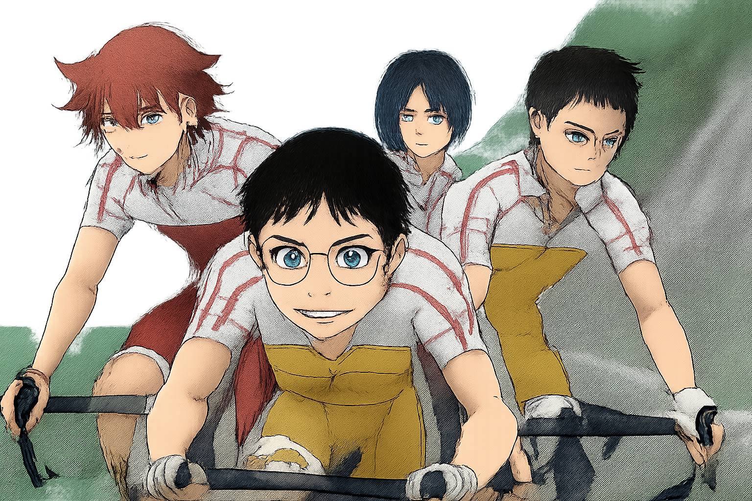 アニメ版のキービジュアルや、スピンオフ作品の主人公たちが描かれた単行本の表紙を想起させる、キャラクターの集合画像