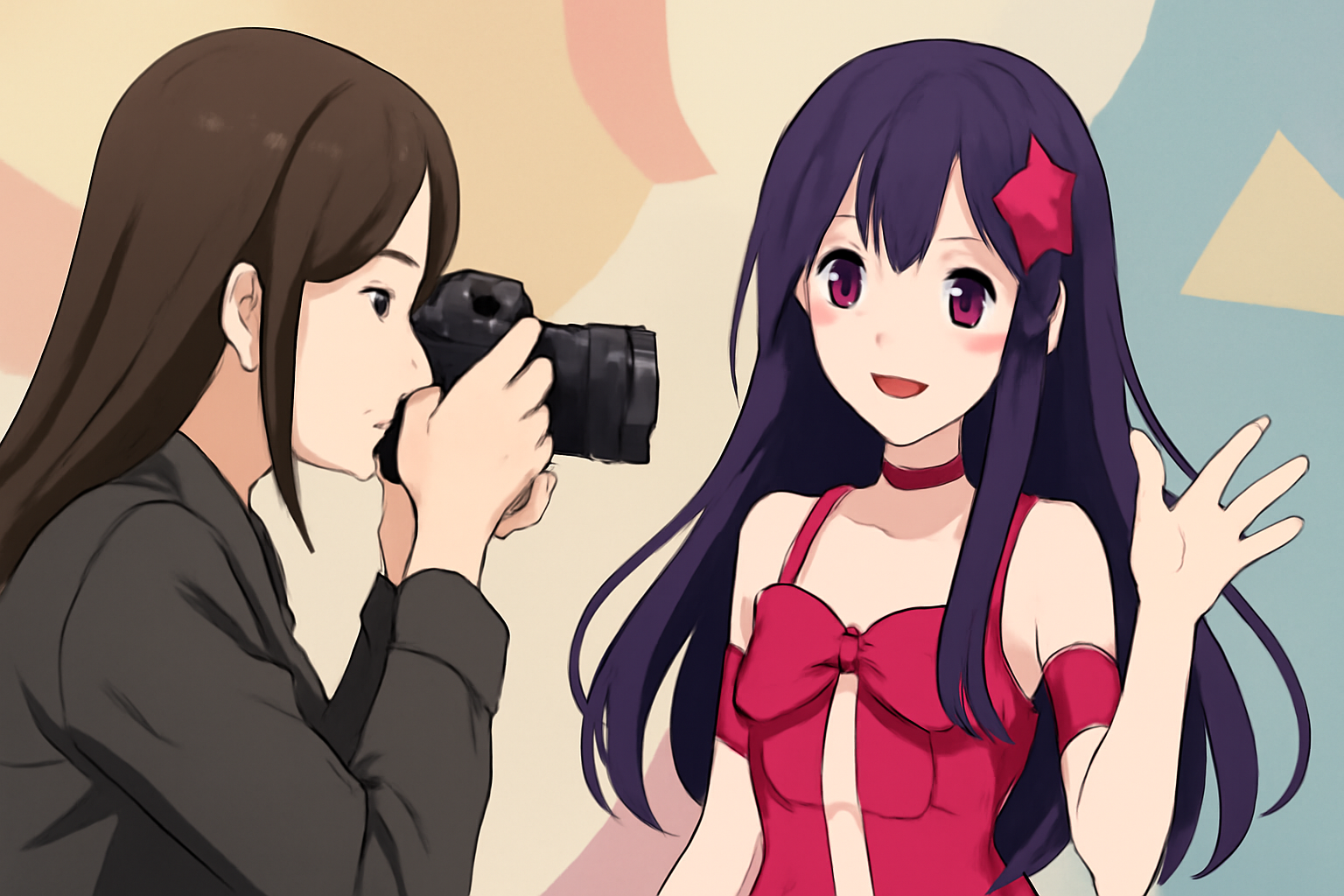 カメラを構える大人の女性と、被写体となるアイドルの姿を描いたイメージ画像