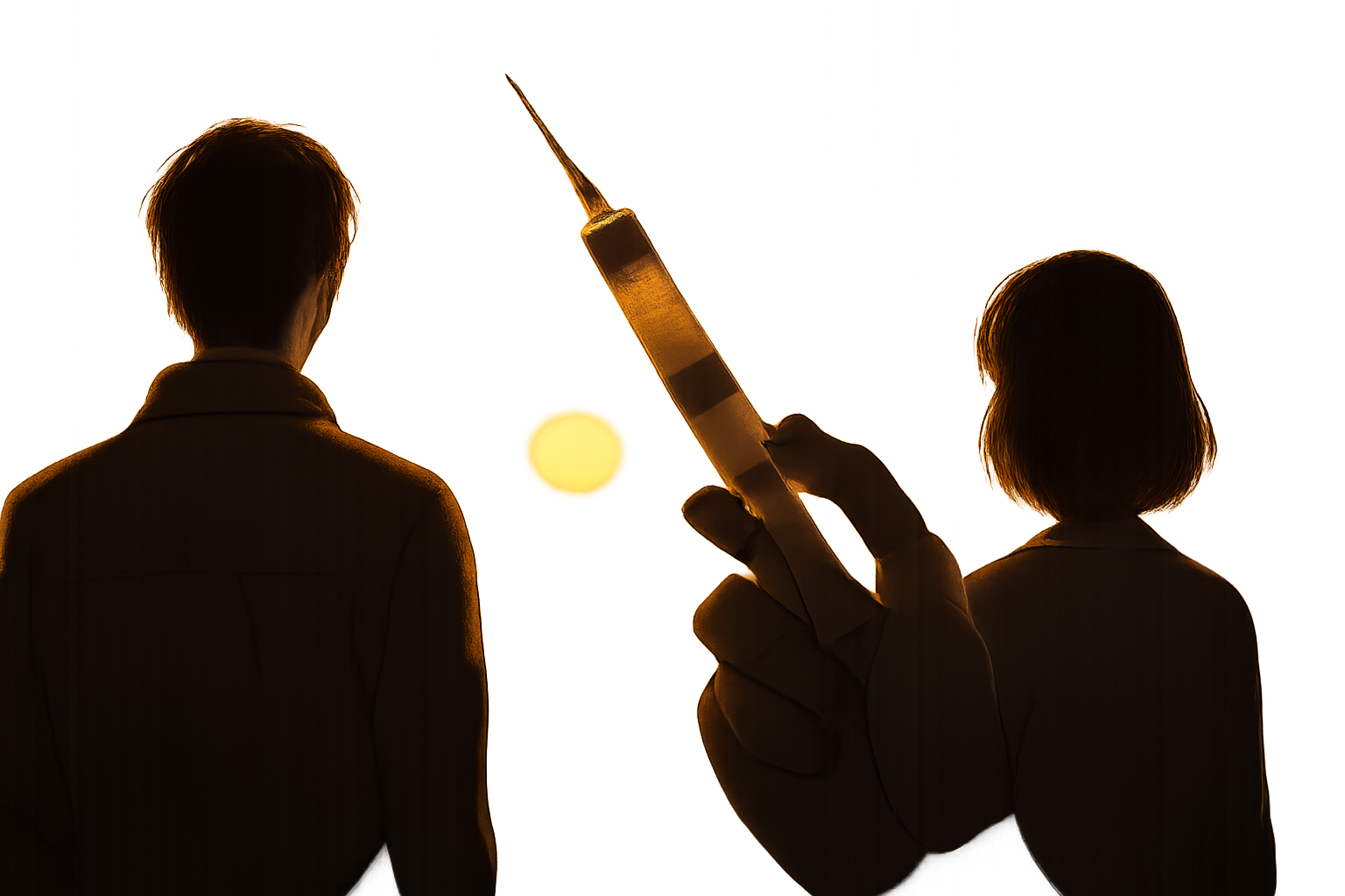 注射器を持つ手と、壁の外を見つめる二人の人物のシルエット