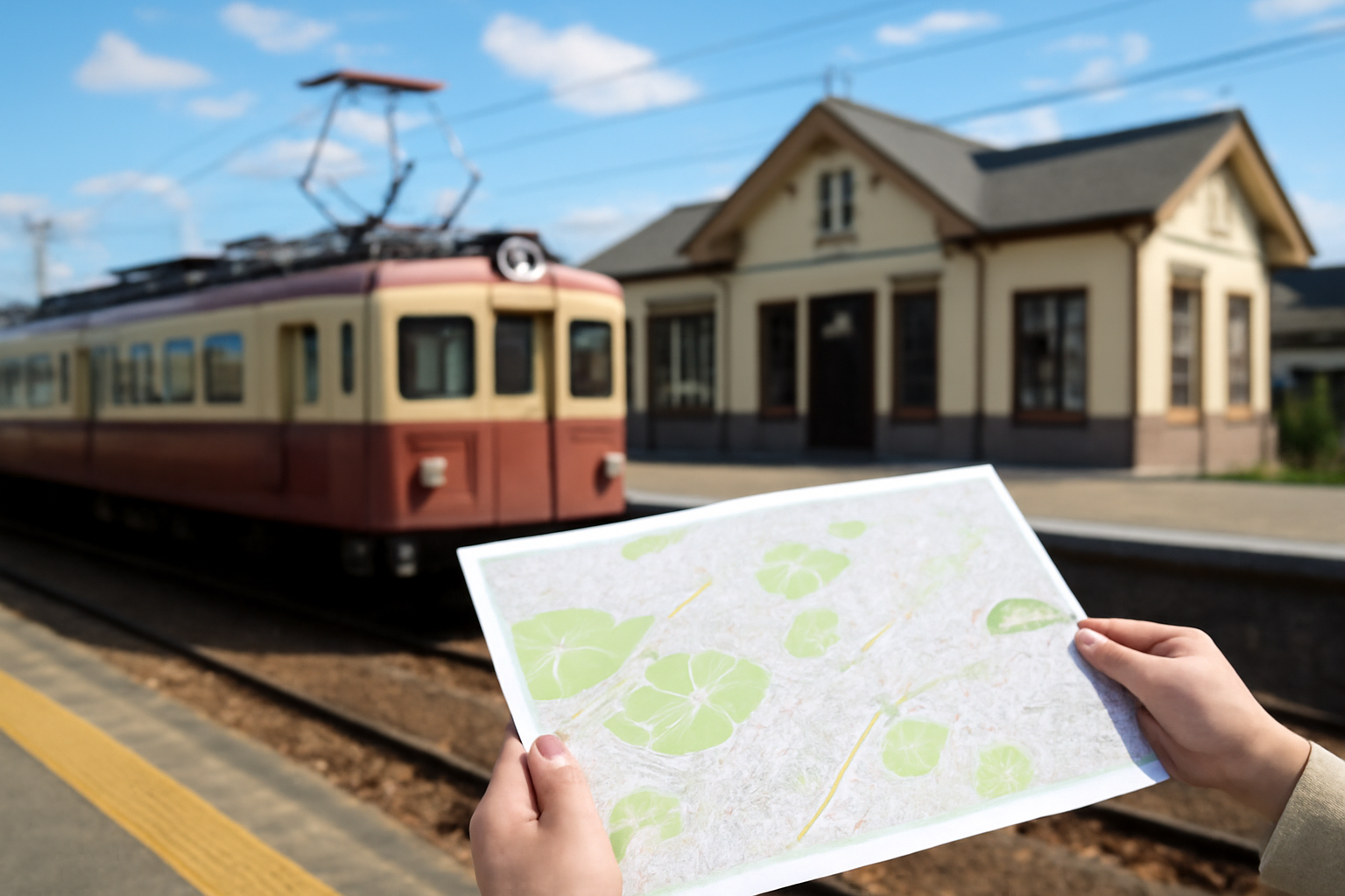 叡山電鉄の駅舎と電車の風景、および手元に広げられた聖地巡礼マップのイメージ