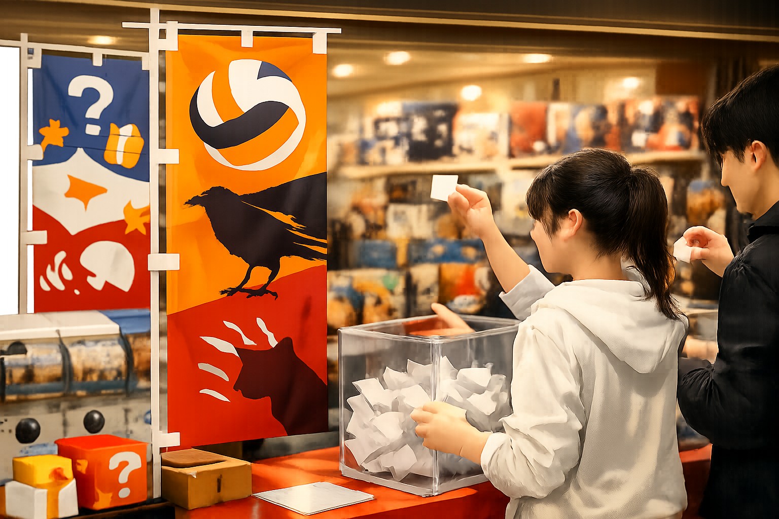一番くじの販売店舗の目印となるのぼり旗と、購入者がくじを引く様子