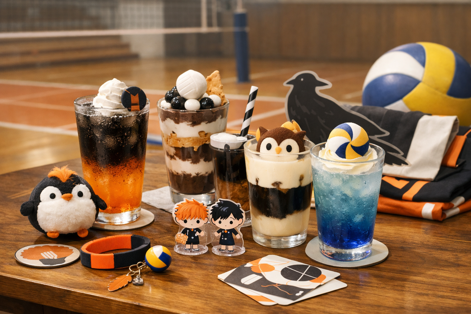 カフェのテーブルに並べられたキャラクターモチーフのドリンクとオリジナルグッズの風景