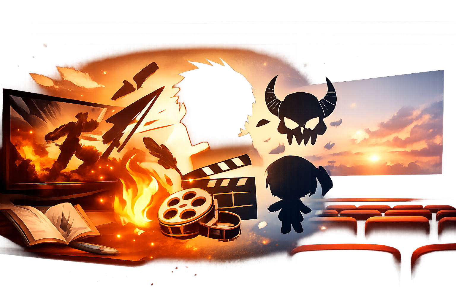 テレビモニターと映画館のスクリーンを背景に、アニメ化のロゴや演出をイメージした抽象図