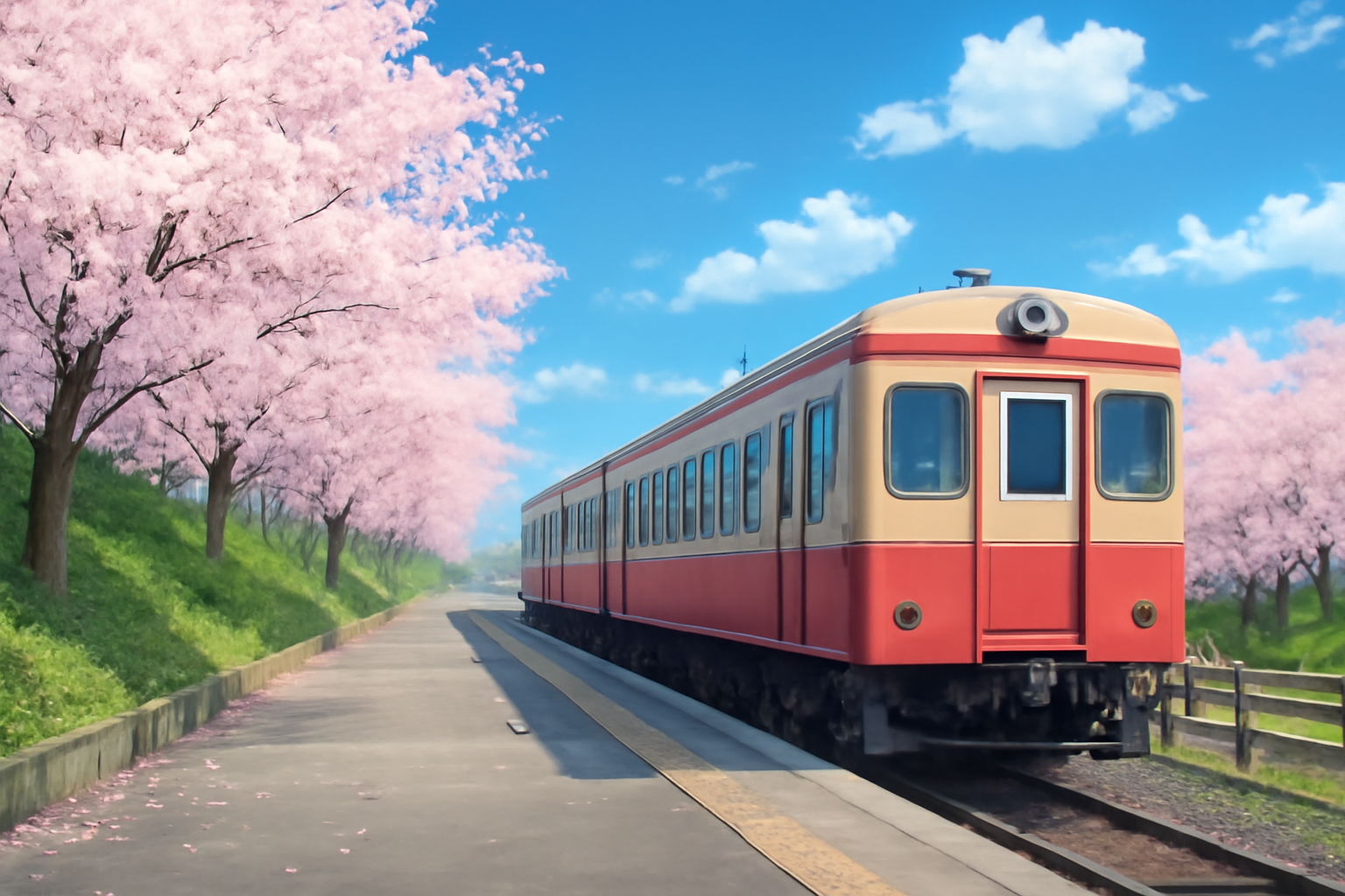 青空の下、駅のホームに停車する列車と旅の始まりを感じさせる風景
