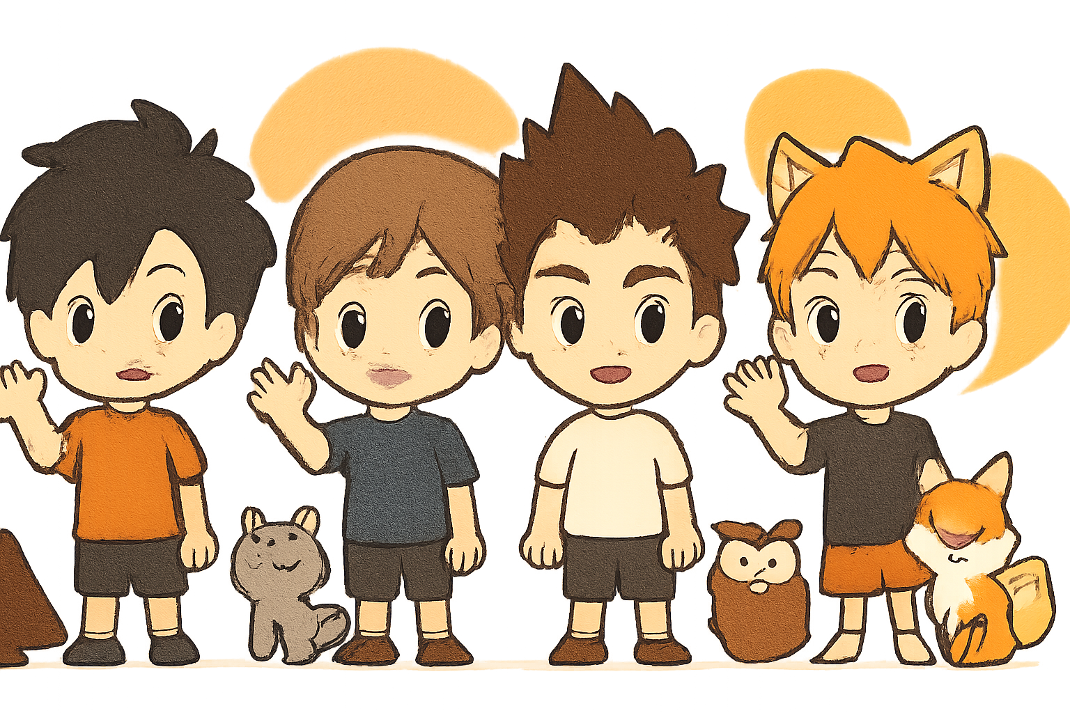 各校のミニキャラたちが勢揃いし、読者に向けて手を振っているような元気で温かいイラスト