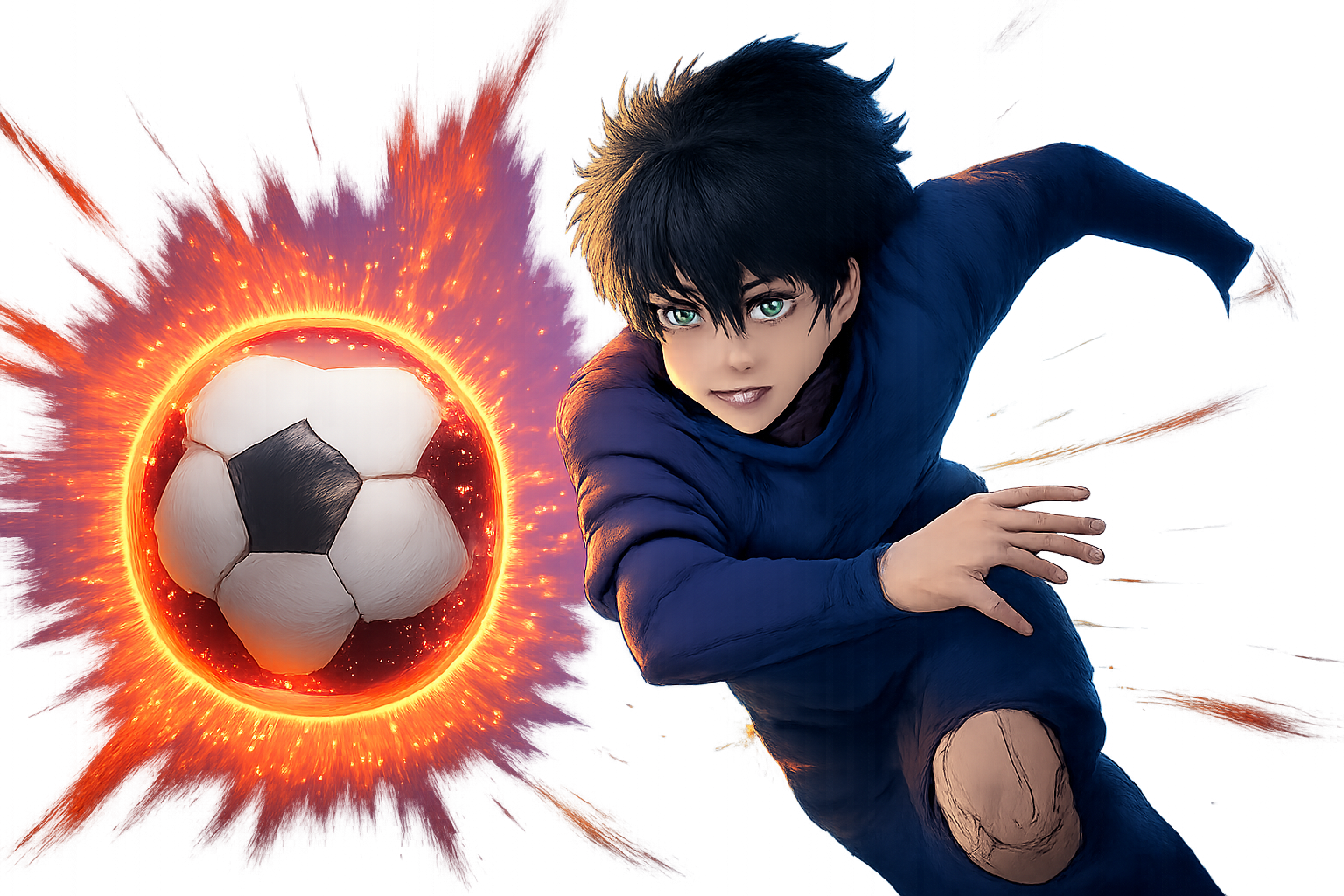 アニメ「ブルーロック」のキャラクターたちが勝利に向かって熱くプレーしている様子を彷彿とさせる、パチンコのRUSH中や大当り時の爽快なイメージ画像