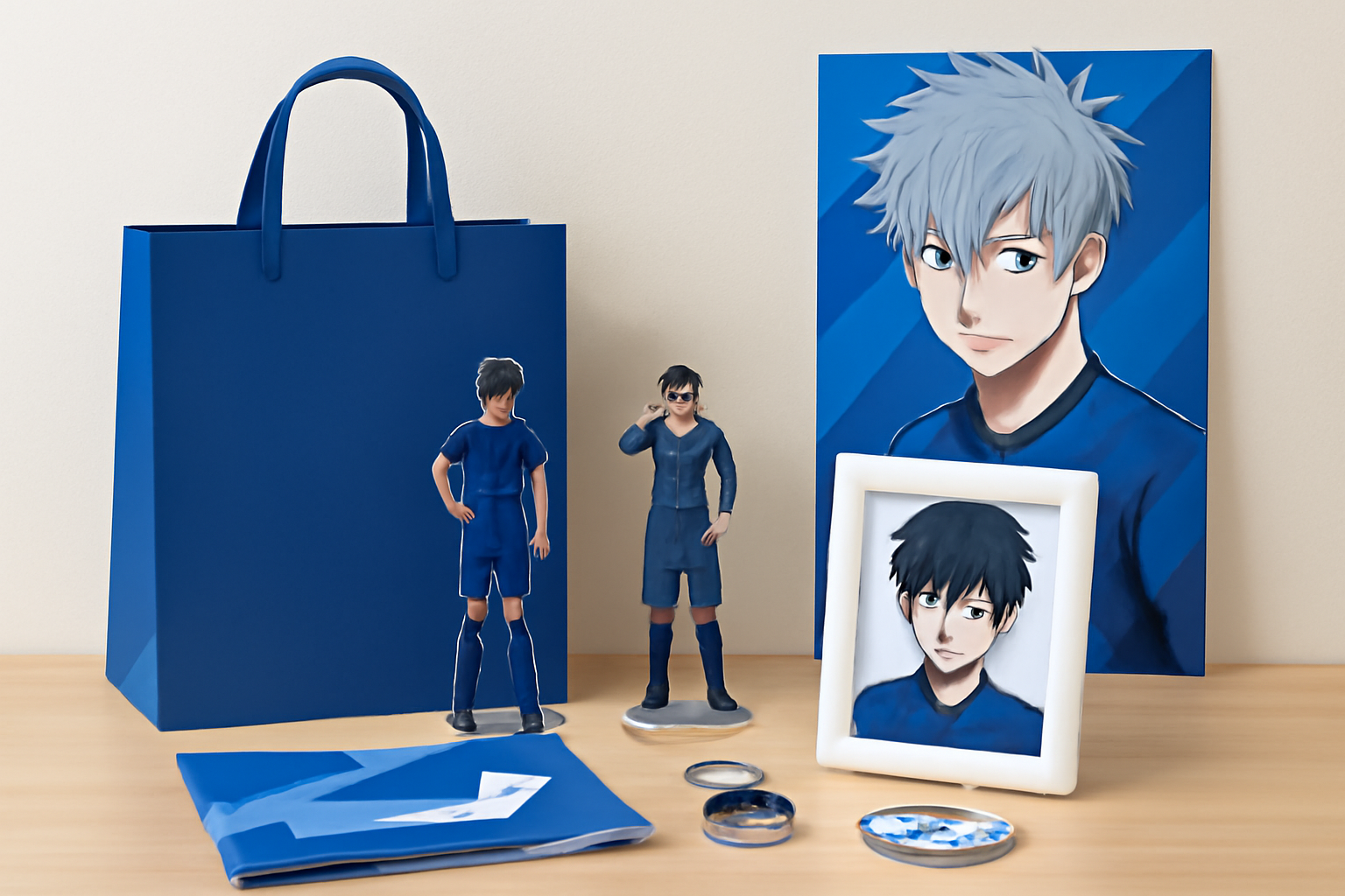 アニメイトの買い物袋と、綺麗にディスプレイされたブルーロックのコレクションアイテムのイメージ