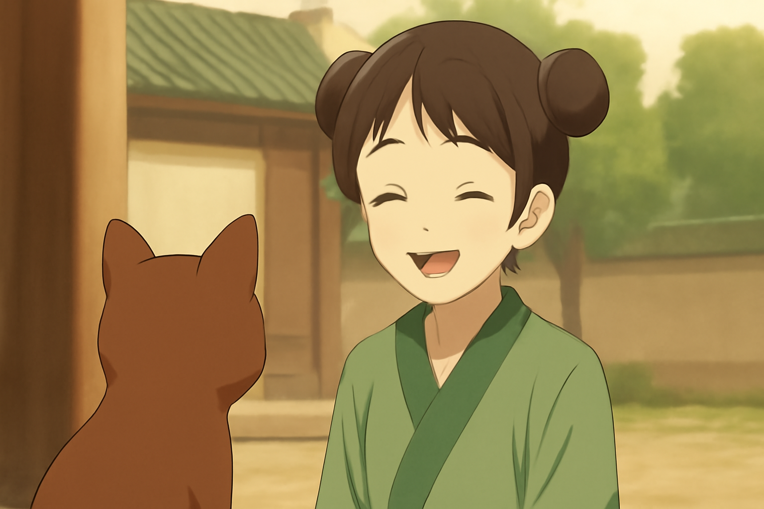 満面の笑みを浮かべる小蘭と、それを見守る猫猫の後ろ姿を描いた温かい雰囲気の画像
