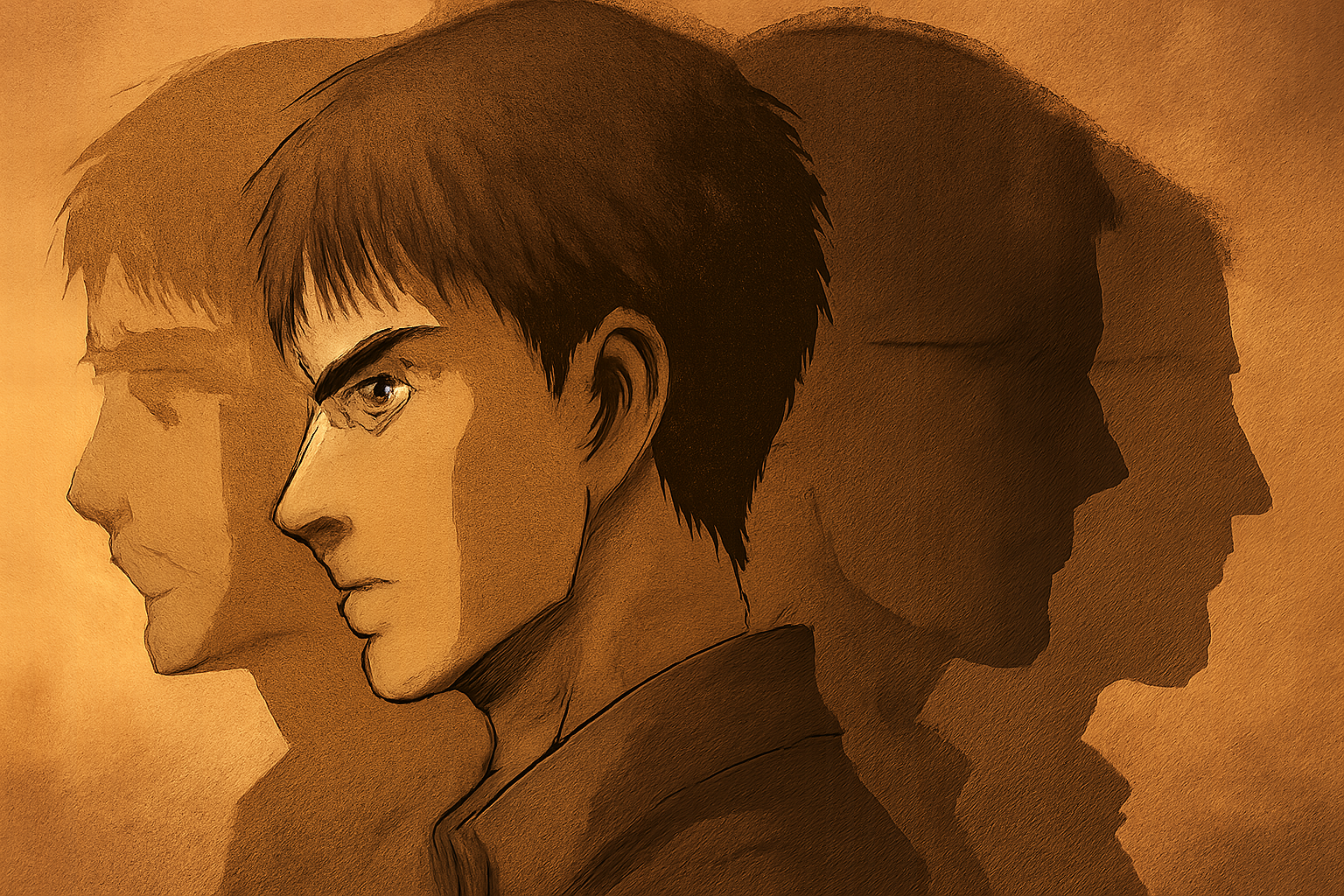 歴代の進撃の巨人の顔が重なり合うような、記憶の継承をイメージした抽象的なイラスト