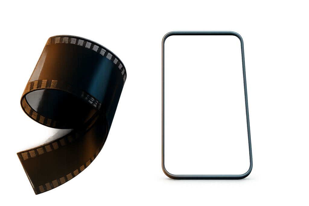 映画のフィルムとスマートフォンが並べられた、映像作品の広がりを感じさせる構成