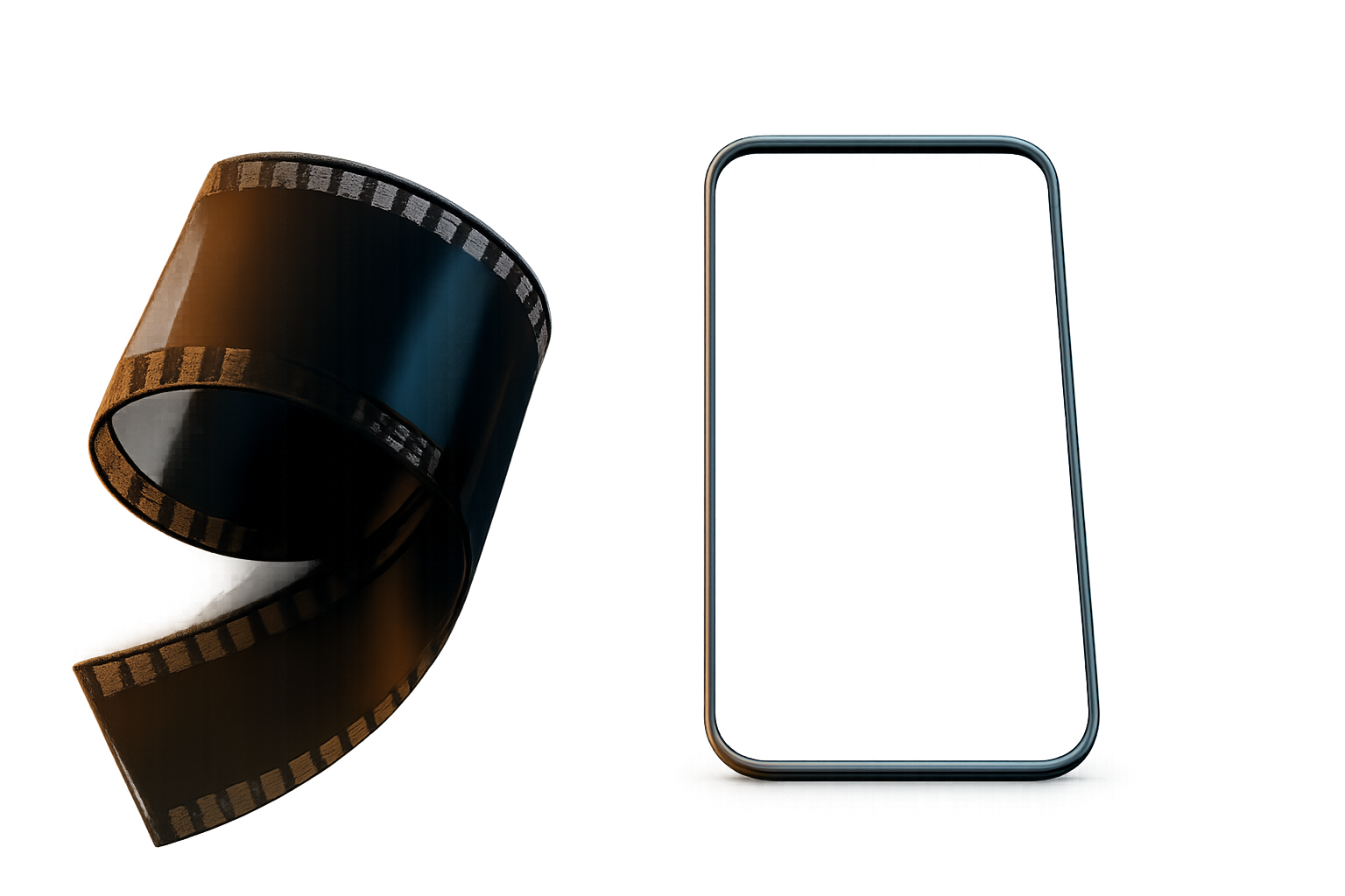 映画のフィルムとスマートフォンが並べられた、映像作品の広がりを感じさせる構成