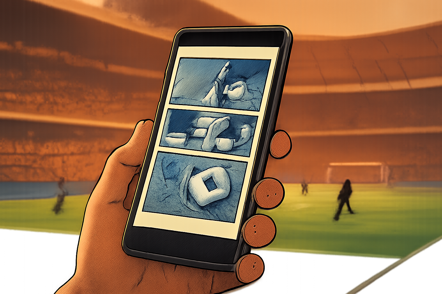 サッカースタジアムの熱気とスマートフォンの画面に映るコミック配信アプリをイメージしたビジュアル