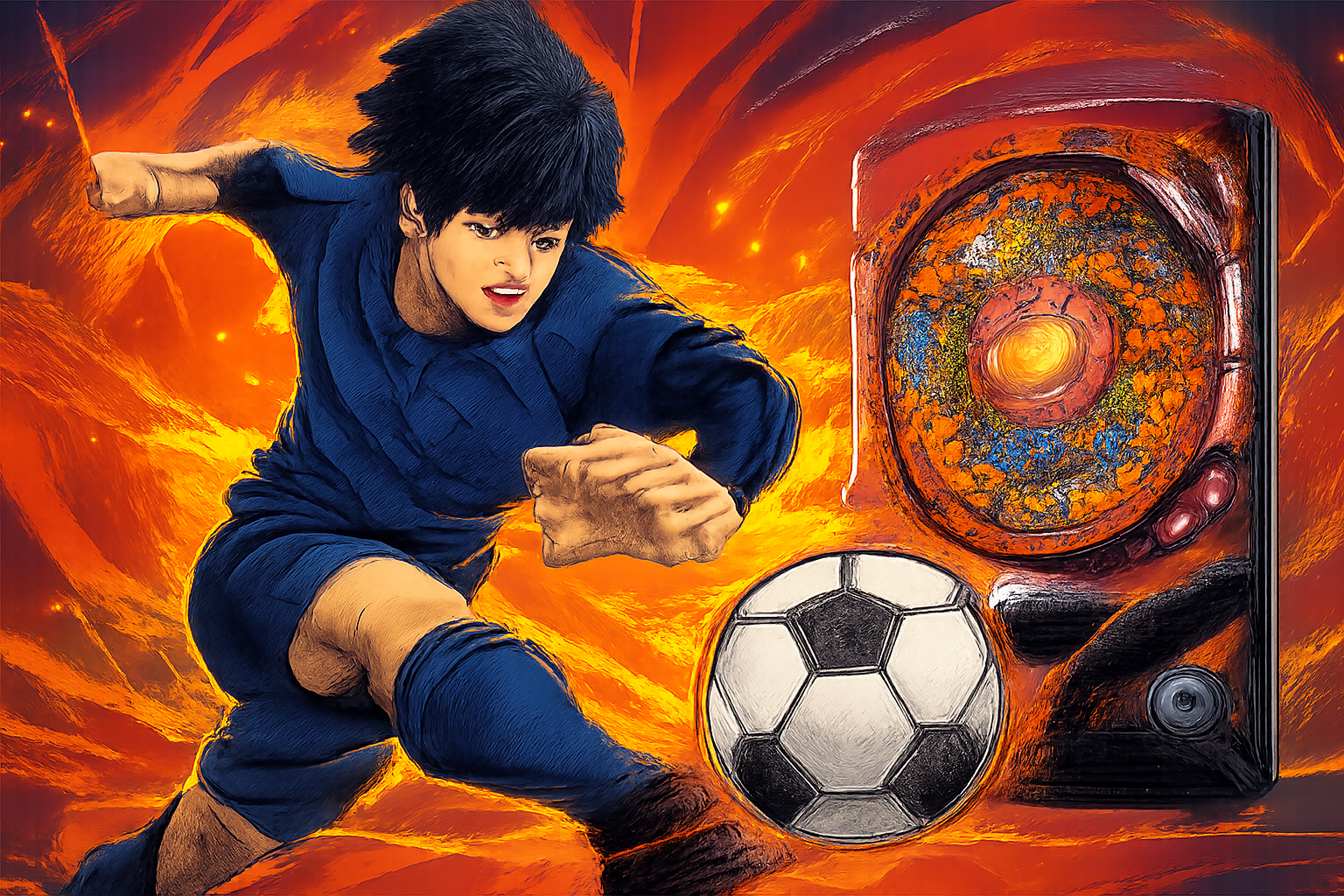ブルーロックの熱いサッカーシーンとパチンコ筐体を想起させるイメージ