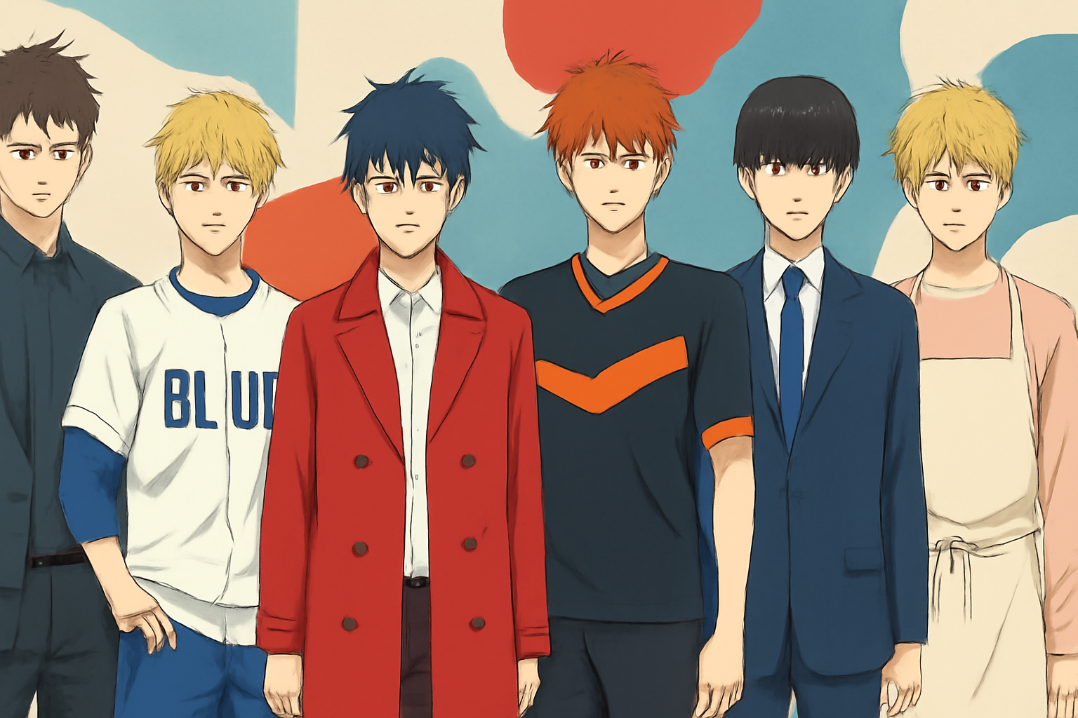 ブルーロックのキャラクターたちが様々な衣装を着て並んでいる、華やかで多様なタイアップ展開を象徴するイメージ画像