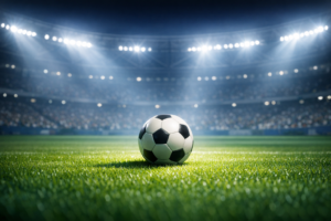 サッカースタジアムの青々とした芝生と、スポットライトに照らされたサッカーボール