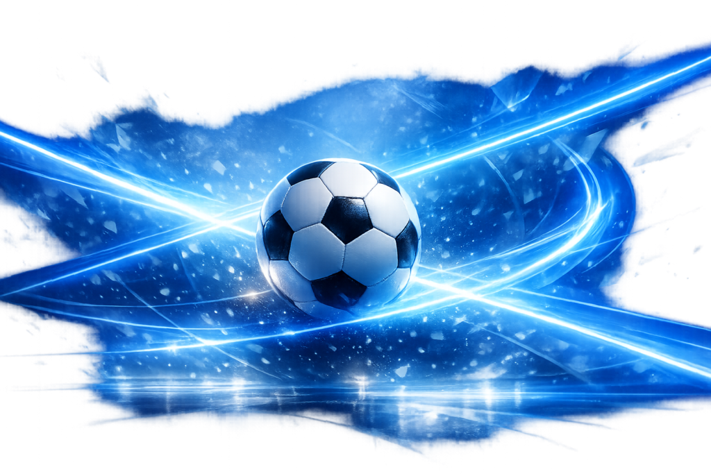 サッカーボールと青い光が交差する抽象的な空間