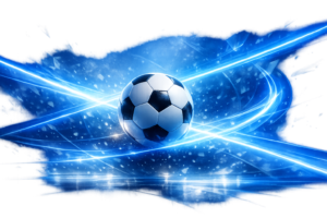 サッカーボールと青い光が交差する抽象的な空間