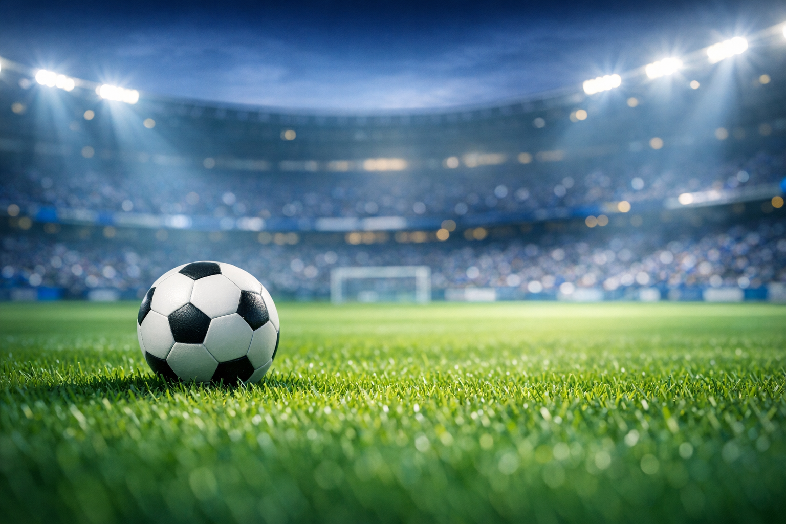 サッカーボールが置かれたスタジアムの芝生
