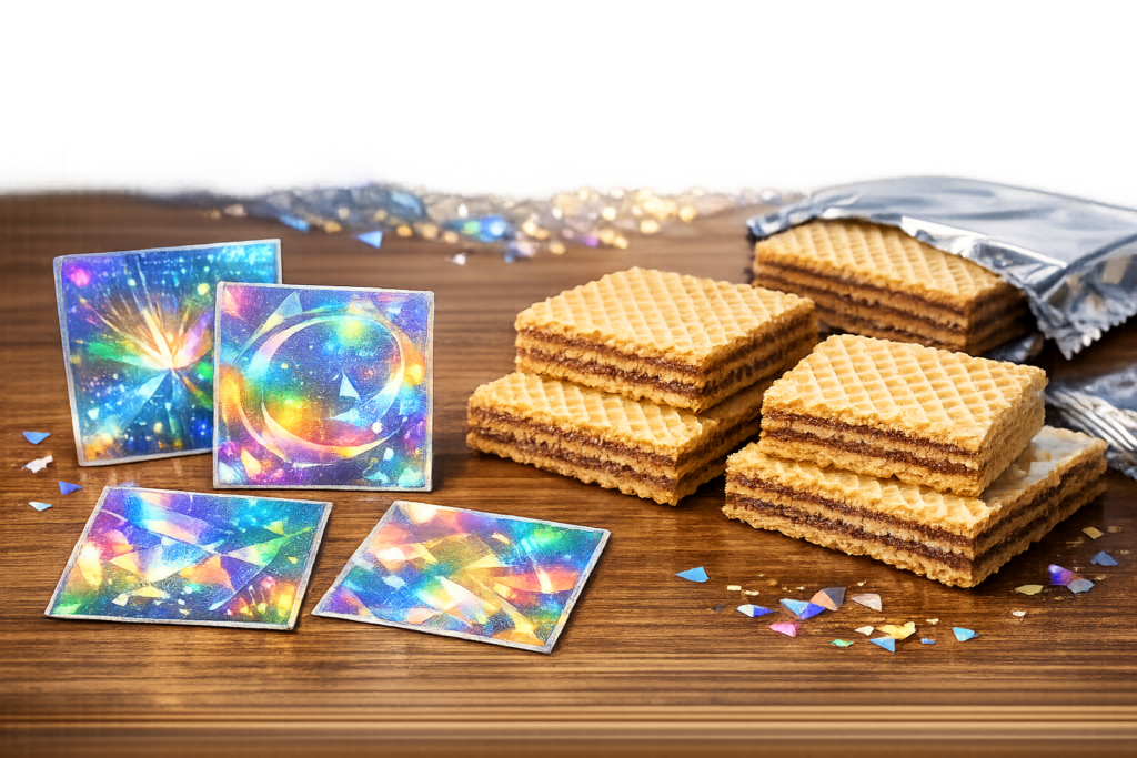 ホログラム加工が施された四角いシールとウエハース菓子のイメージ