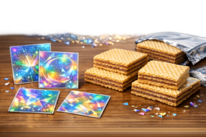 ホログラム加工が施された四角いシールとウエハース菓子のイメージ
