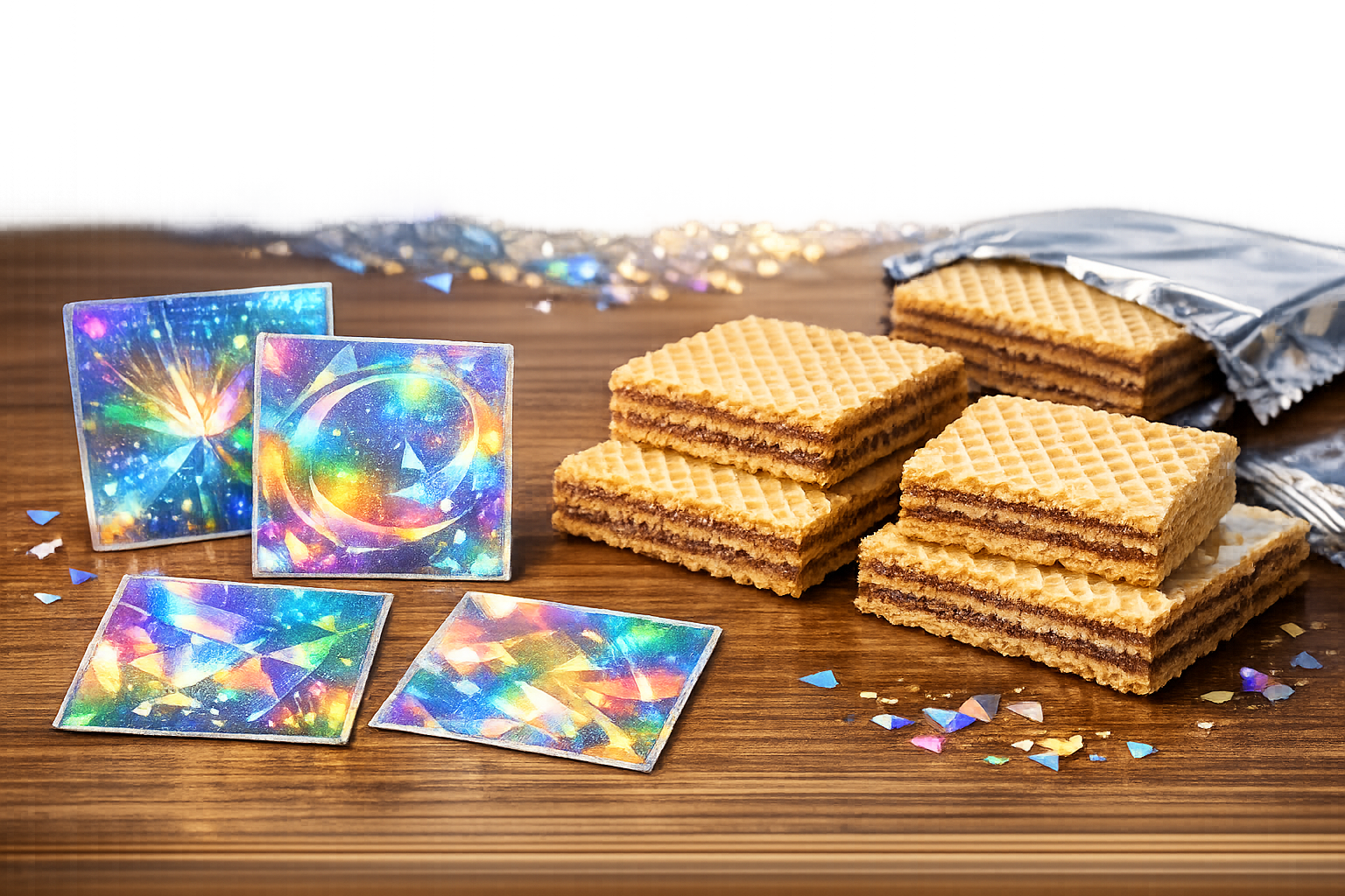 ホログラム加工が施された四角いシールとウエハース菓子のイメージ