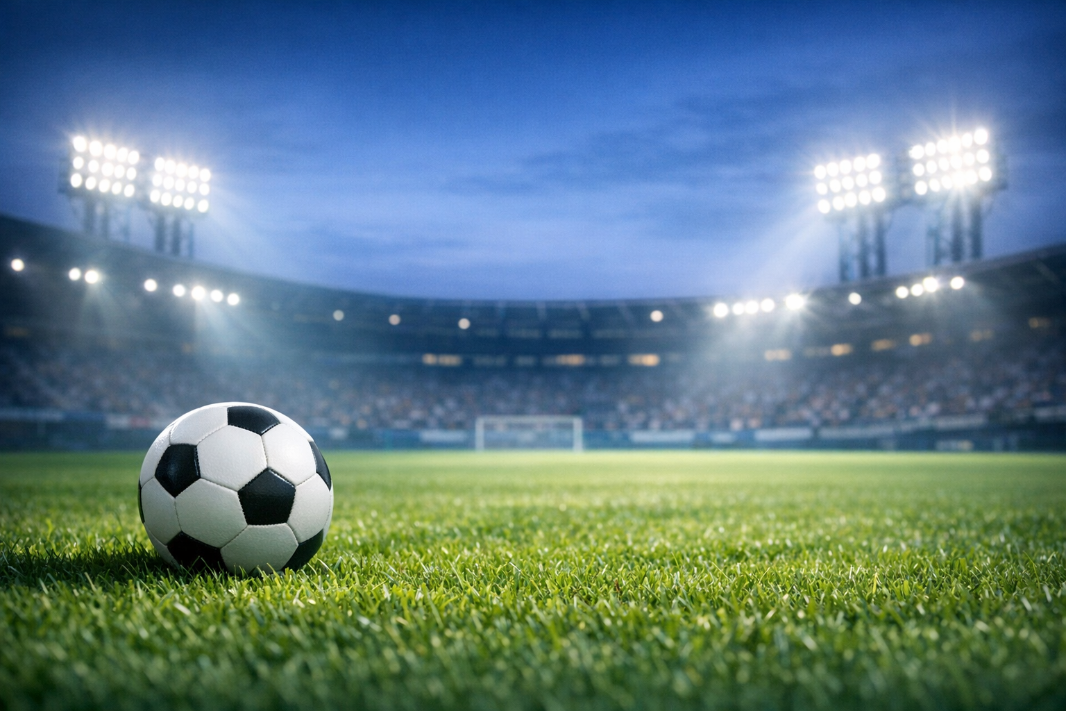 サッカーボールと芝生のグラウンド、スタジアムの照明が奥に見える風景