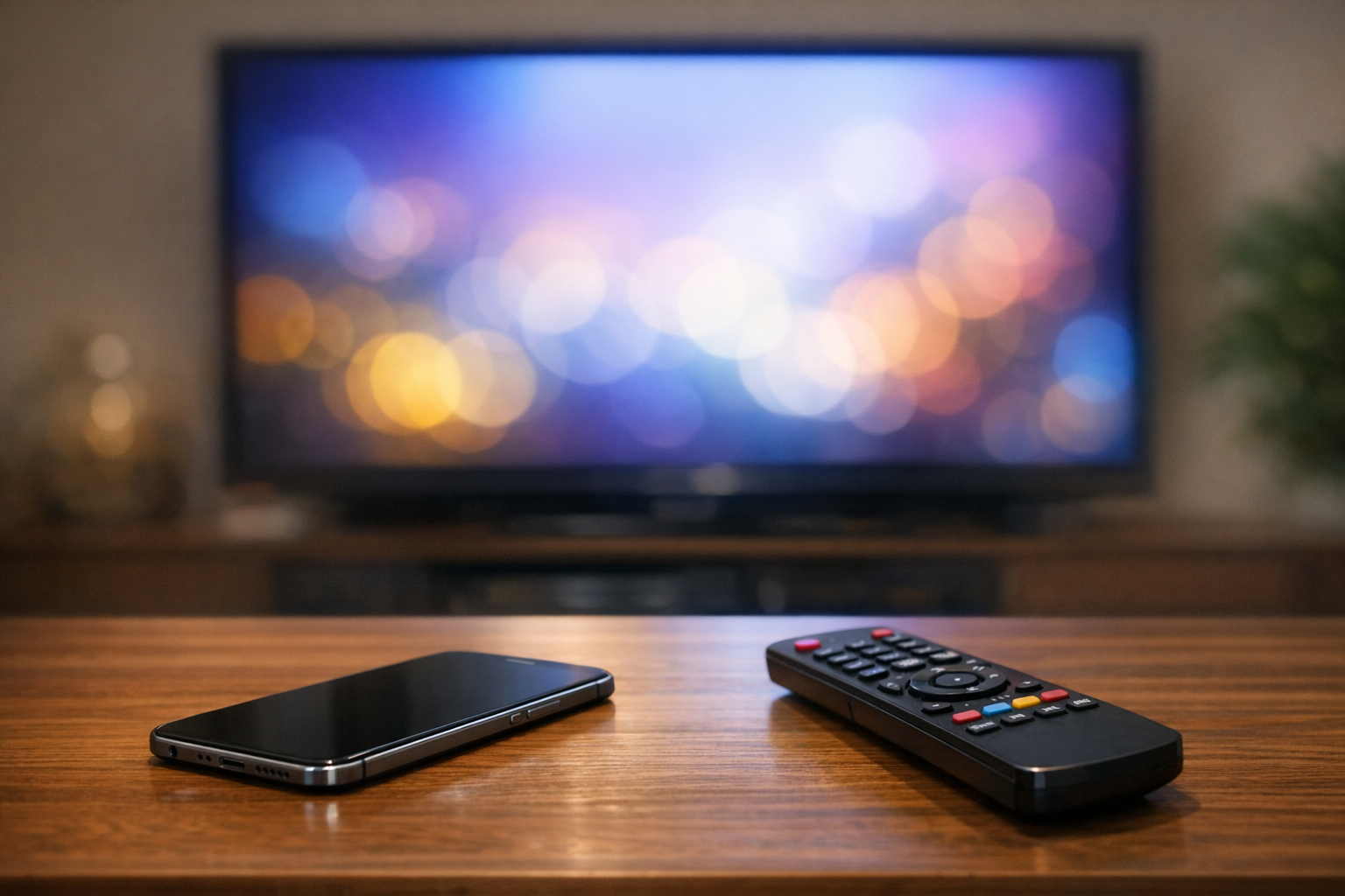 リビングのテーブルの上に置かれたスマートフォンとテレビのリモコン、背景にぼんやりとしたテレビの光