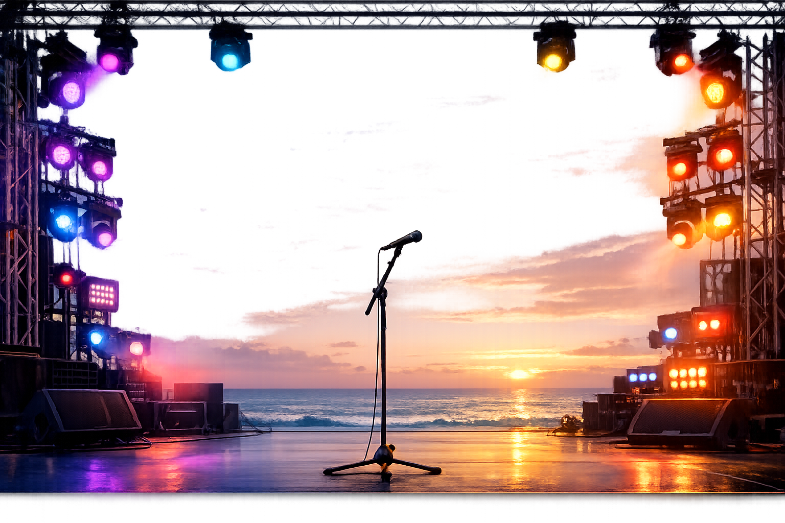 音楽フェスのステージを思わせる、海辺に設置された色鮮やかな照明機材と無人のマイクスタンド
