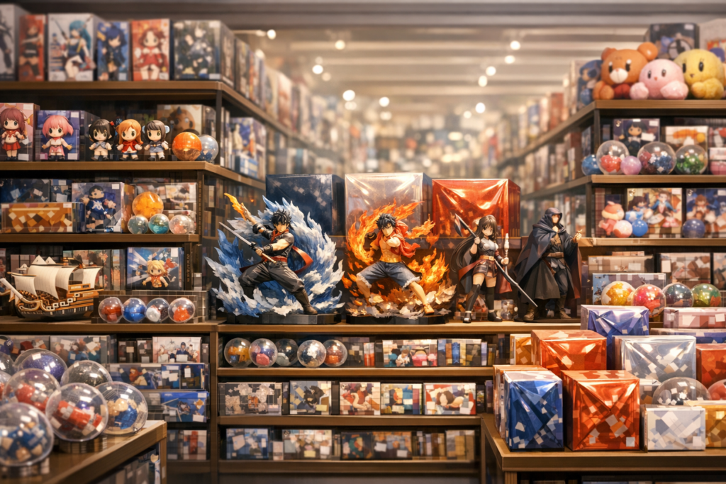 アニメグッズやフィギュアが並ぶ店舗の陳列棚