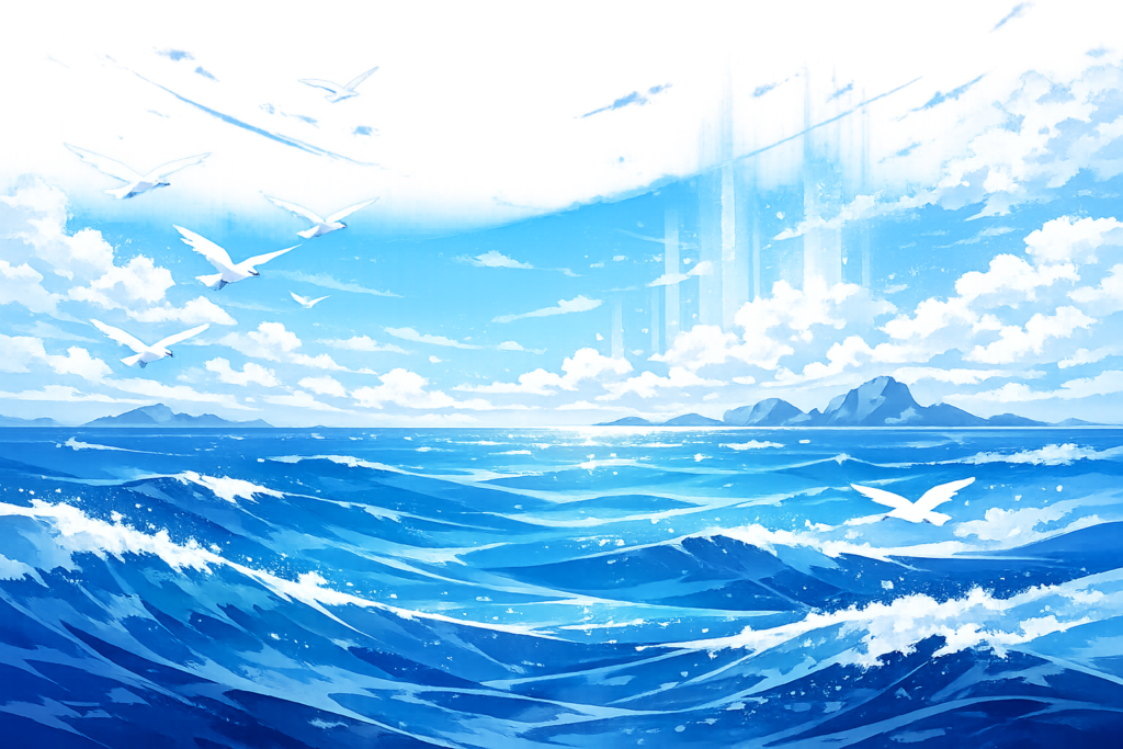 青い海原と白いカモメが飛ぶ抽象的な風景イラスト