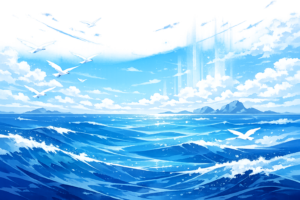 青い海原と白いカモメが飛ぶ抽象的な風景イラスト