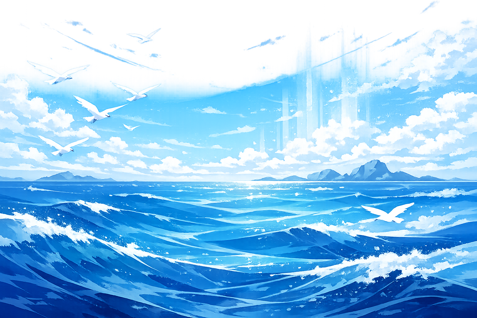 青い海原と白いカモメが飛ぶ抽象的な風景イラスト