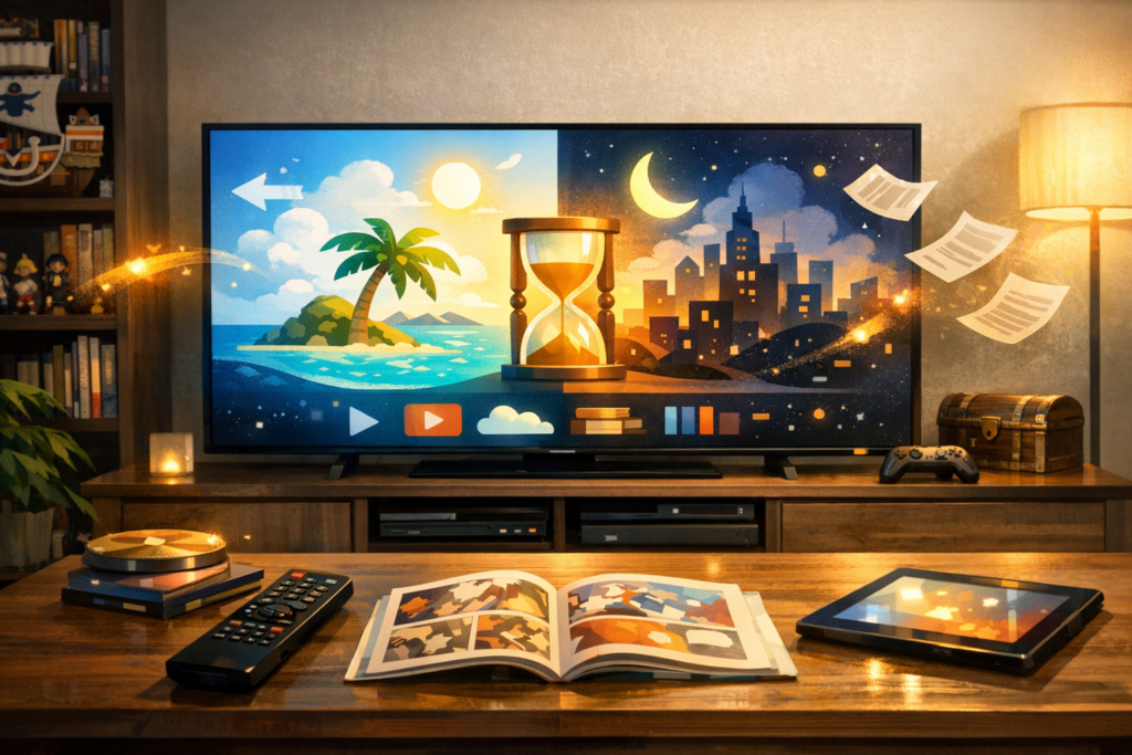 テレビモニターとリモコンが置かれたリビングルーム
