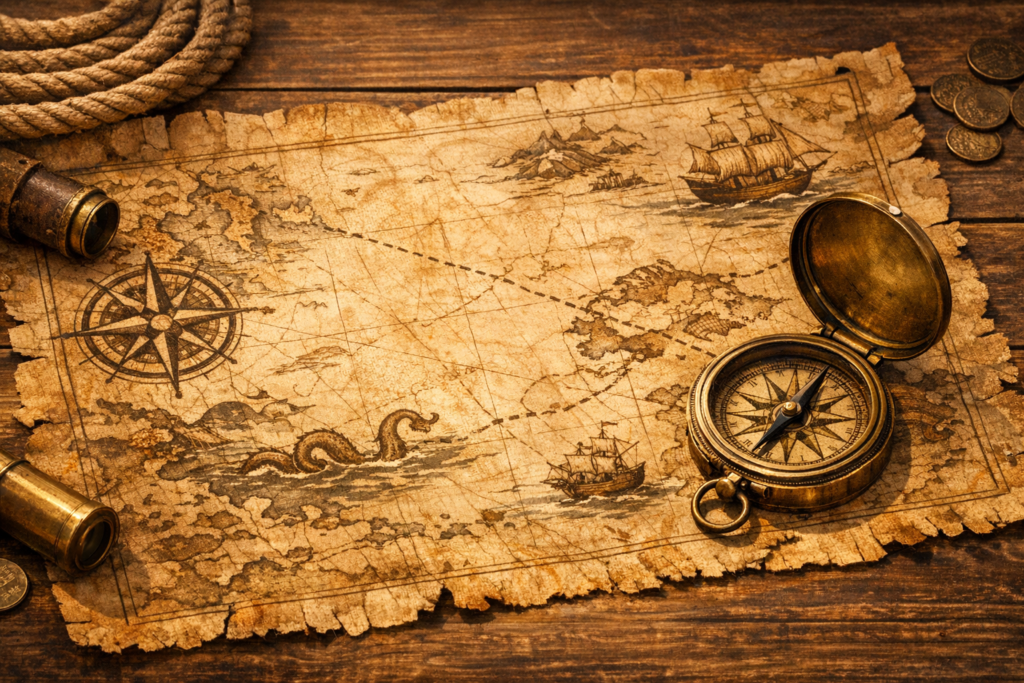 古い羊皮紙の海図とアンティークな真鍮のコンパス