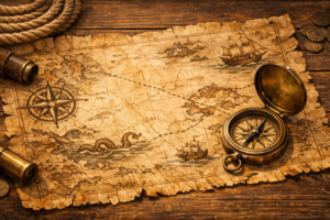 古い羊皮紙の海図とアンティークな真鍮のコンパス