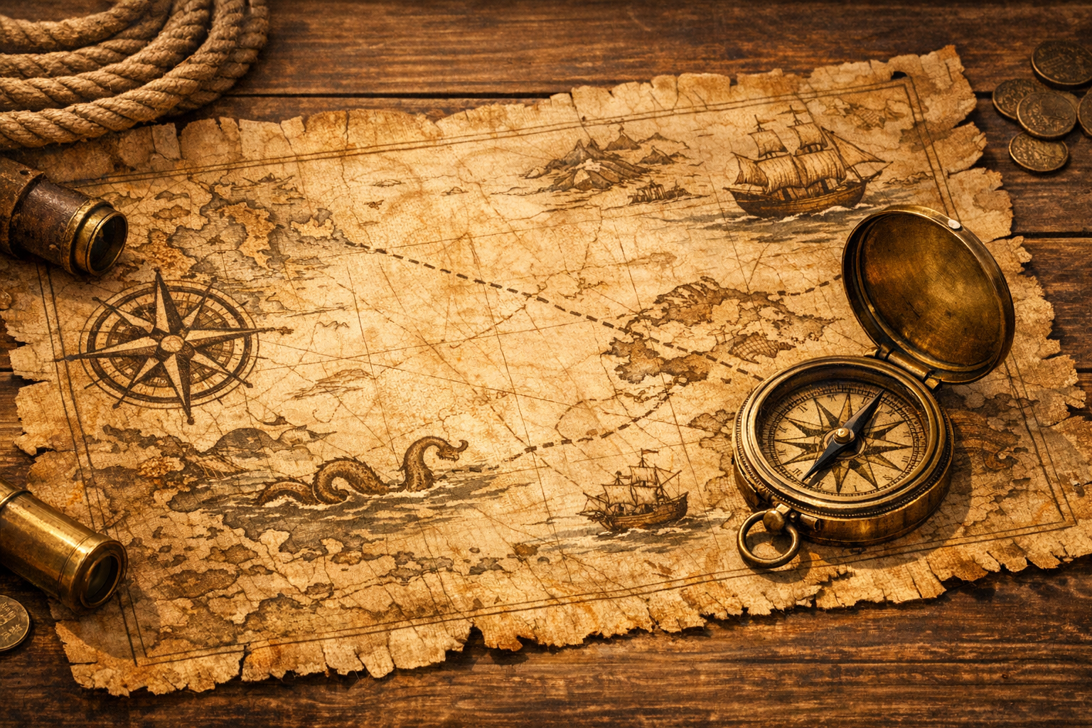古い羊皮紙の海図とアンティークな真鍮のコンパス
