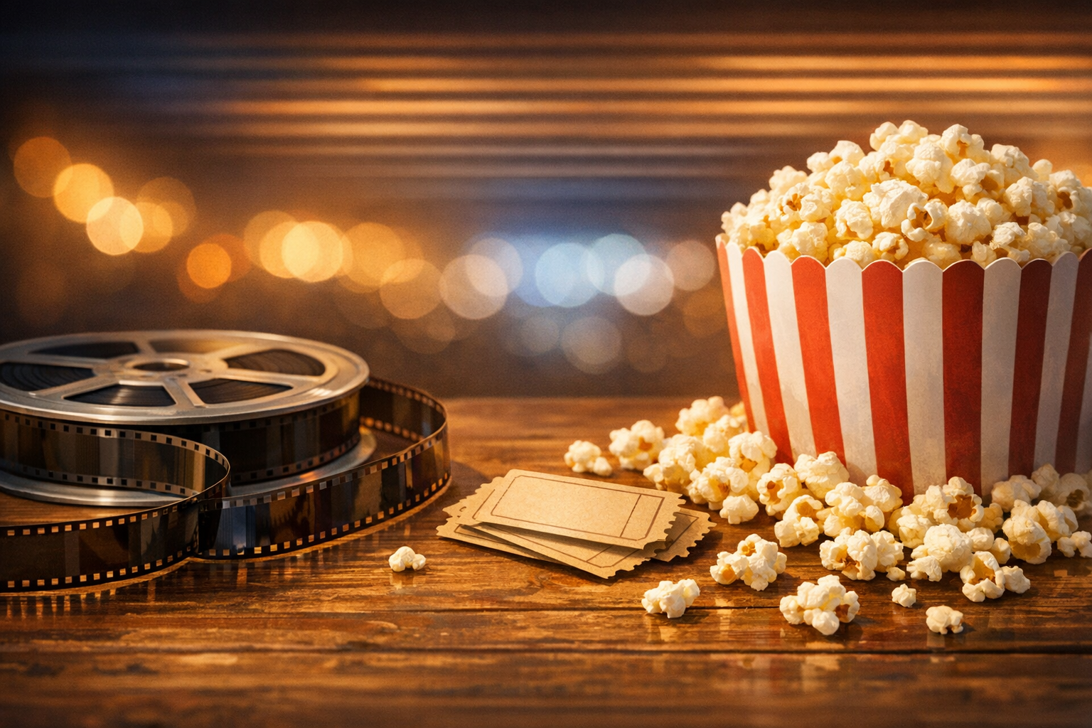 映画のフィルムとチケット、ポップコーンが並んだテーブル