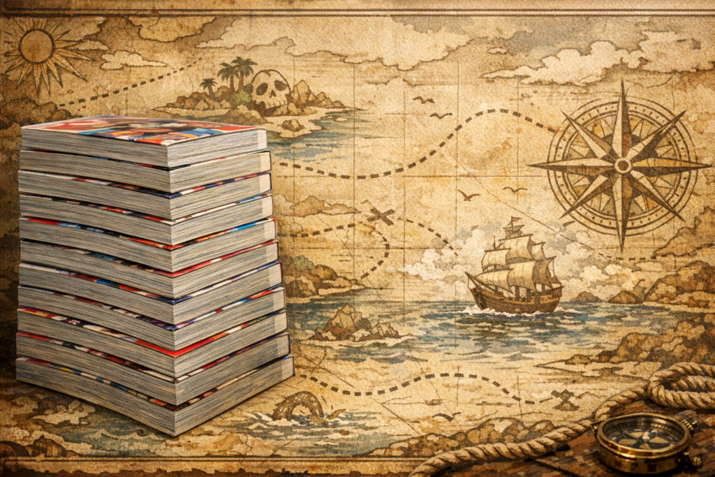 積み重ねられた厚みのあるコミックスの束と海図が描かれた羊皮紙の背景