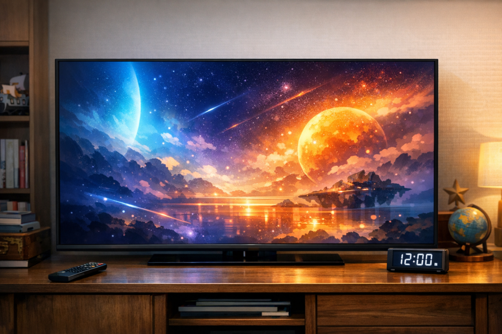 リビングに置かれた大きめのテレビモニターと、リモコン、傍らに置かれたデジタル時計