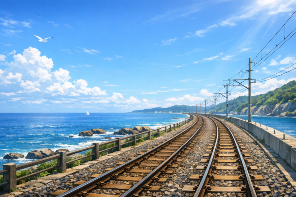 海沿いの線路と青空の風景