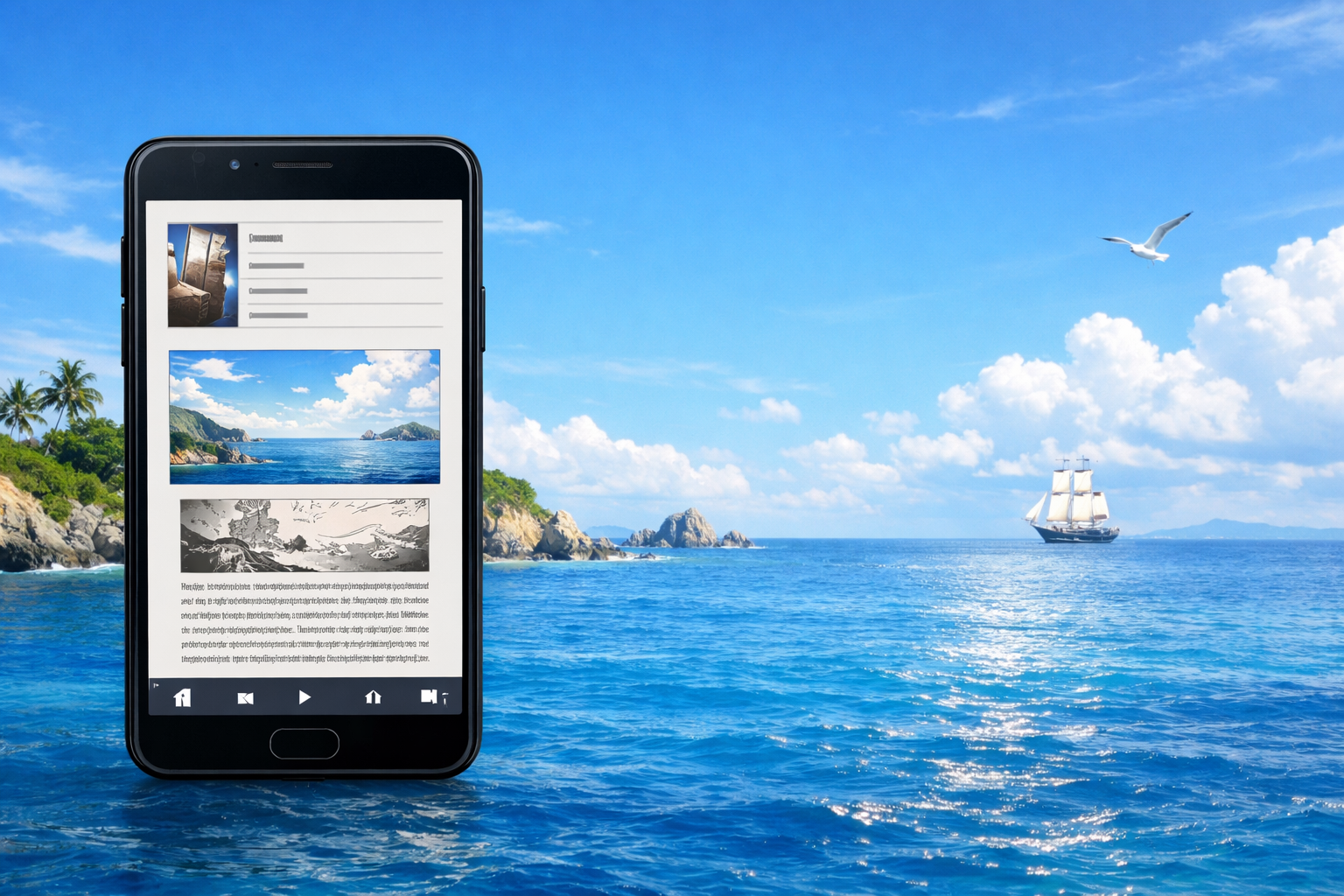 スマートフォンの画面に表示された電子書籍リーダーと、背景に広がる青い海と空