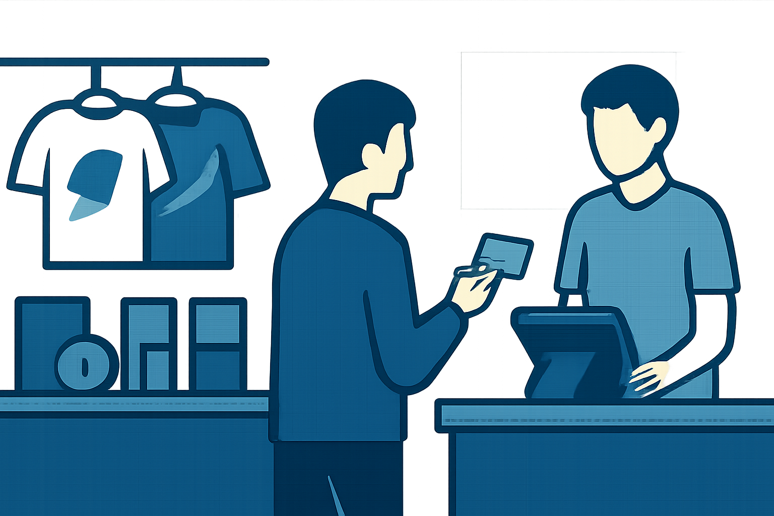 展覧会の物販コーナーや事後通販サイトでの購入手続きをイメージするイラスト