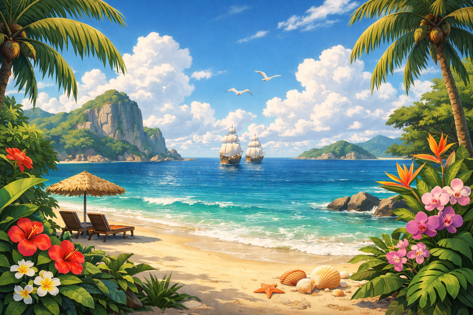 南国の植物と海辺の風景