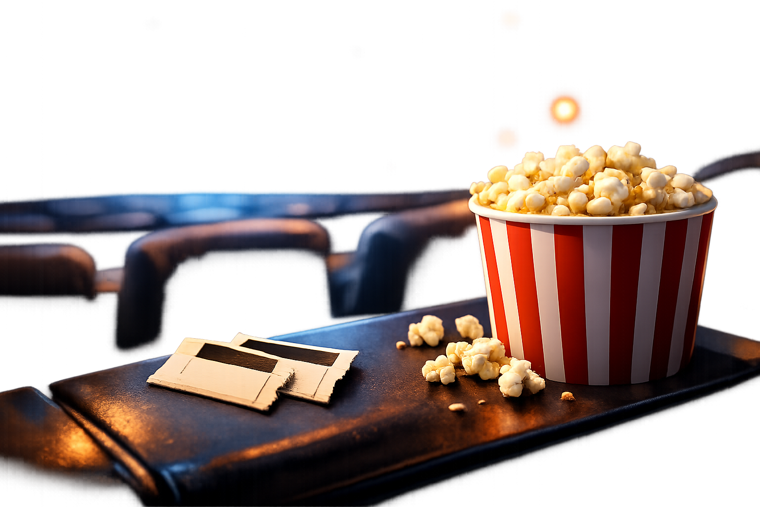 映画のチケットの半券とポップコーンの入ったカップ、暗がりの映画館を思わせる空間